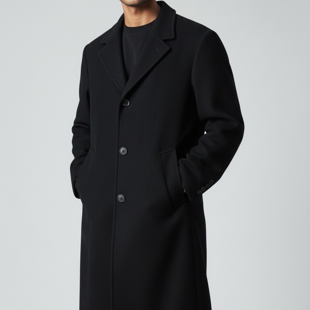 Men's Black Single-Breasted Pea Coat - Classic Tailored Style